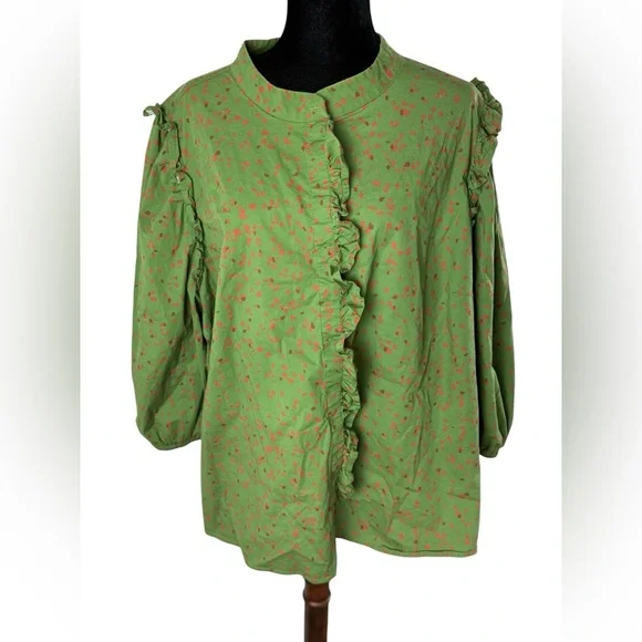 Eloquii Green Printed Button Down Shirt with Ruffle front and ruffle shoulder - Picture 6 of 13